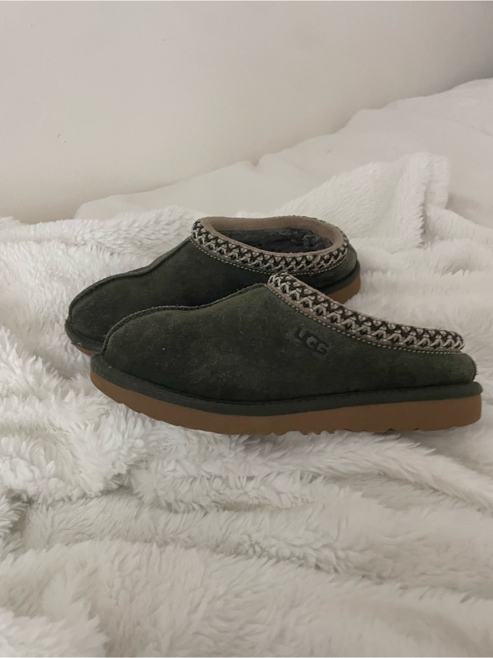 UGG Kids Olive Green Suede Slip-On Clog with Braided Trim
